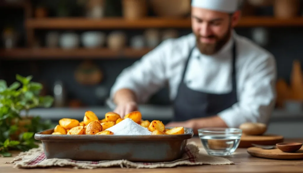 kucharz wyjaśnia, jak dodanie sody do wody wpływa na smak i teksturę pieczonych ziemniaków, odkrywając sekret idealnej chrupkości.
