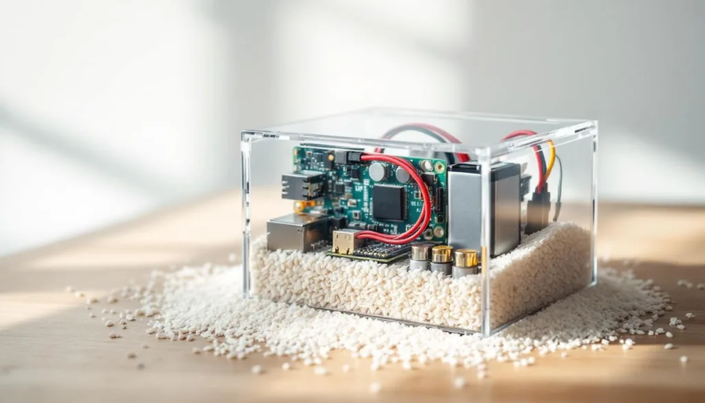 umieść suchy ryż w pudełku z elektroniką, aby całkowicie pochłonął wilgoć i chronił urządzenia przed uszkodzeniem.